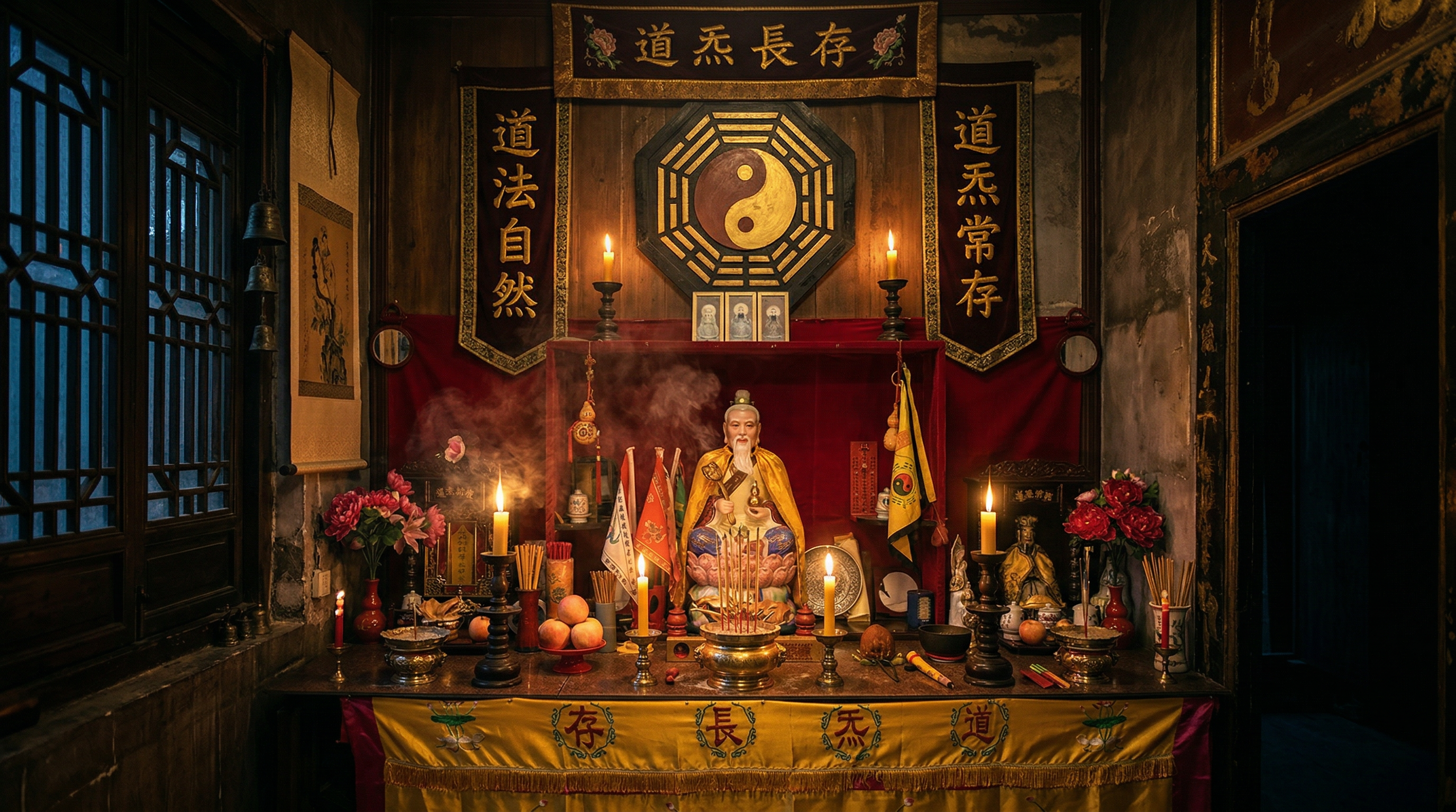 Master Wei's consecrated altar with traditional Taoist instruments