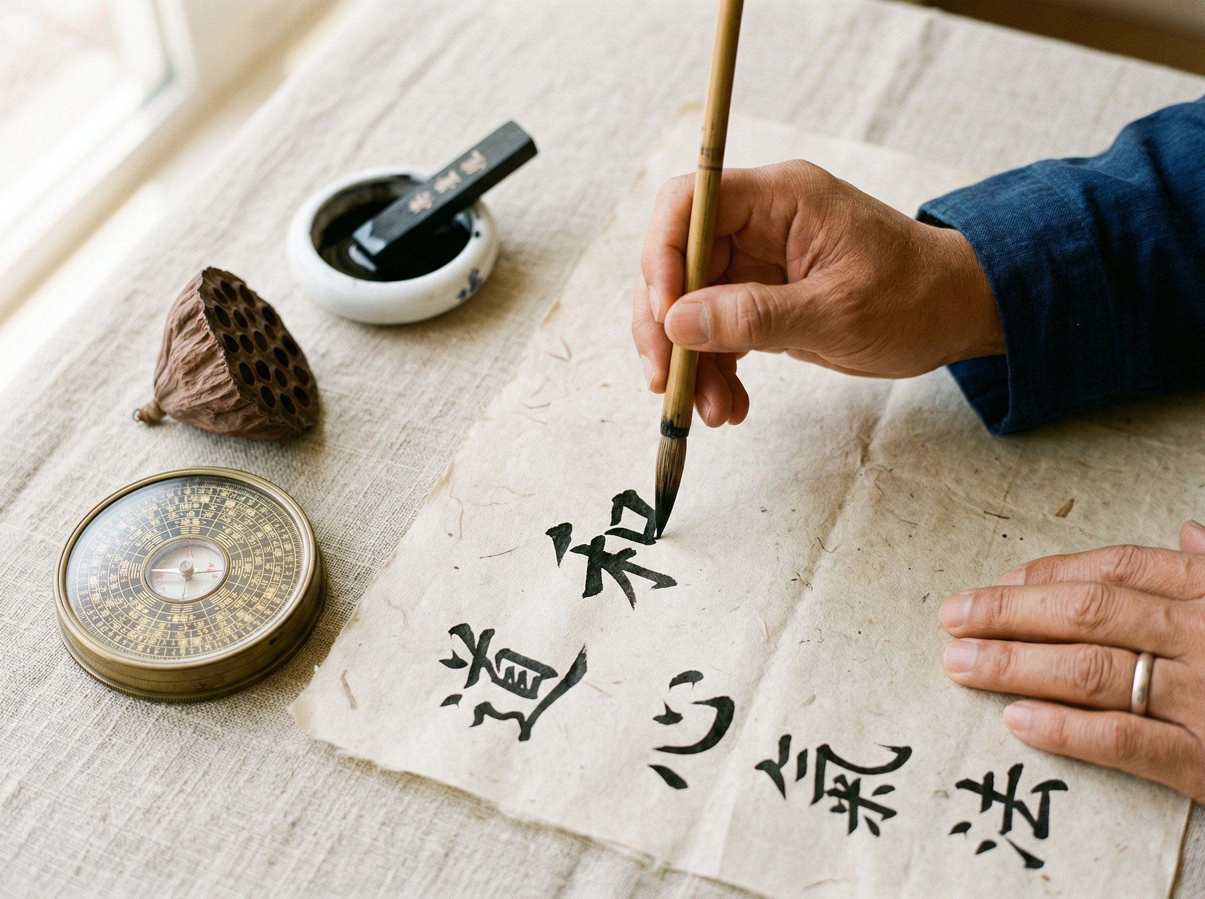 Master writing calligraphy with compass and traditional tools