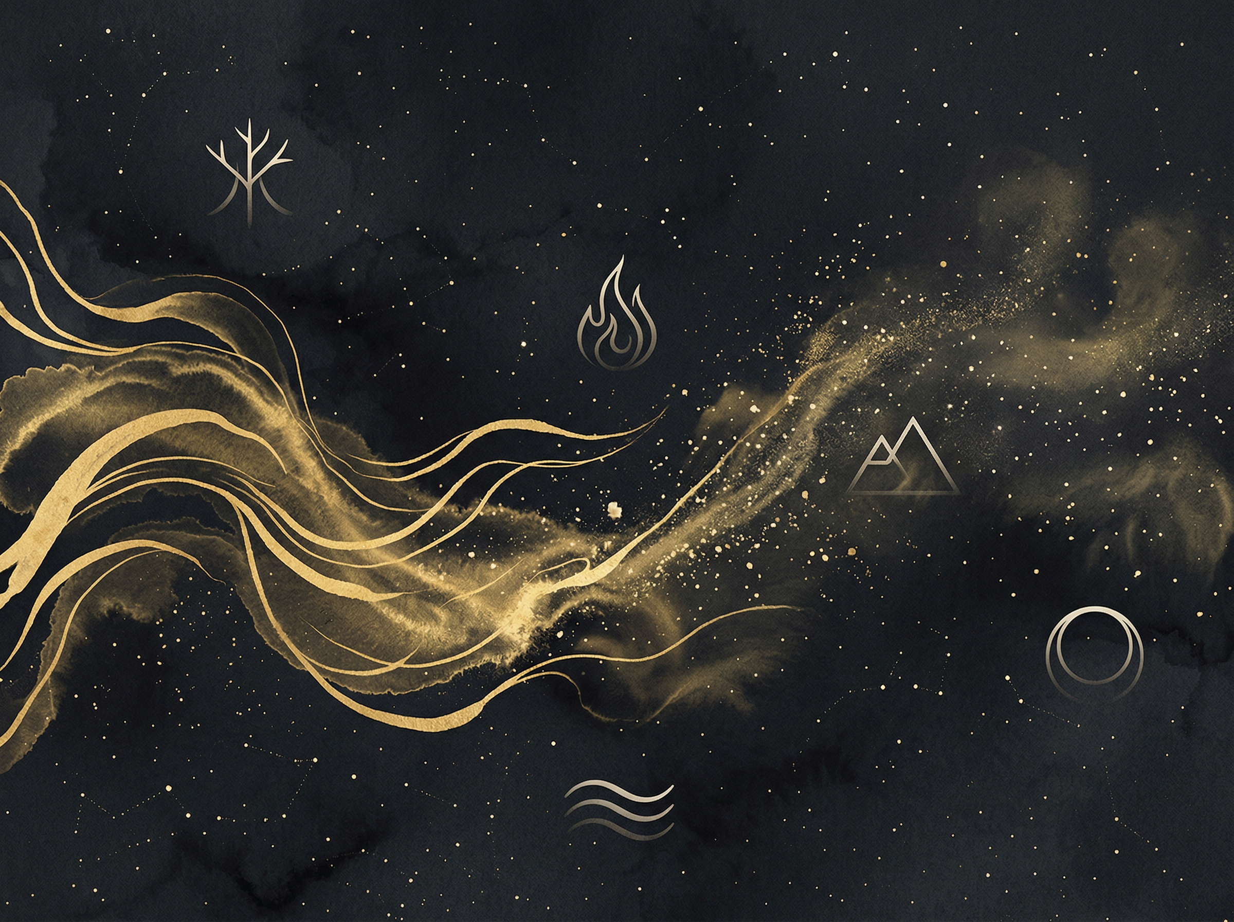 Five Elements flowing across a celestial canvas